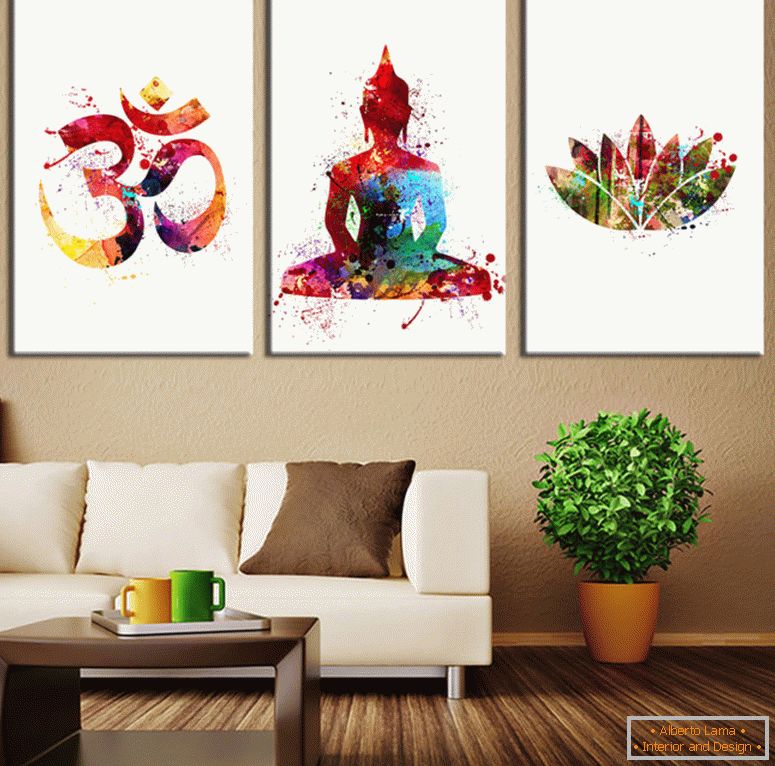 colorido-moderno-budista-pared-arte-blanco-fondo-madera-lienzo-interior-sala de estar-diseño-sofá-símbolo