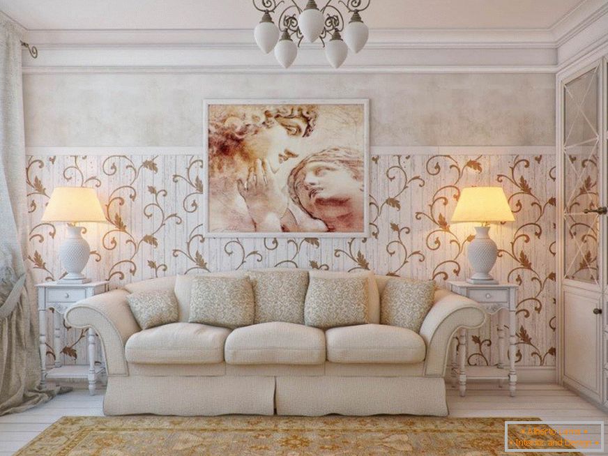 Sala de estar en estilo provenzal con una imagen