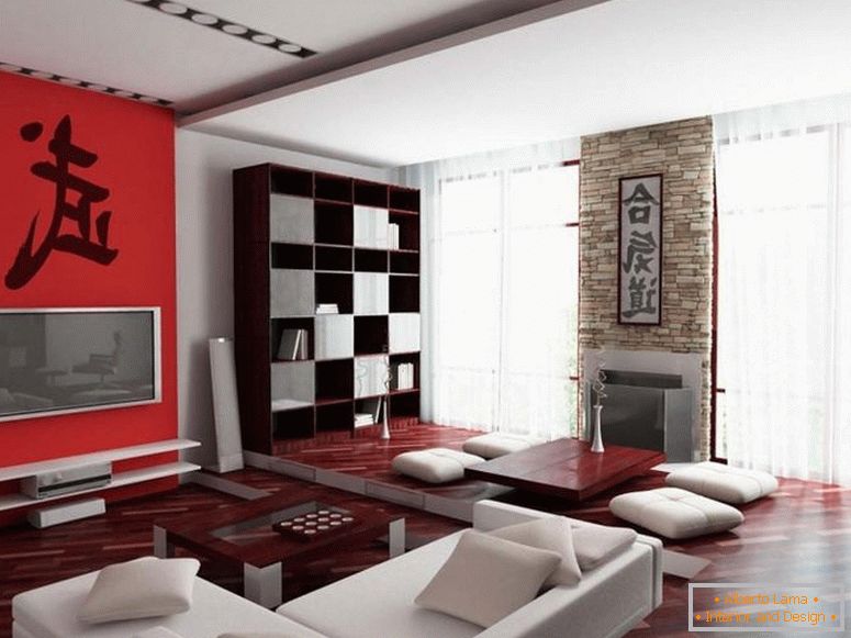 Amplia sala de estar en colores rojo y blanco
