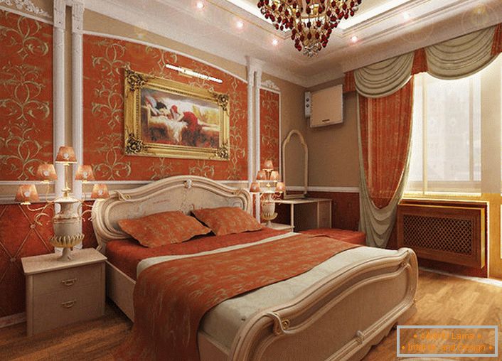 Dormitorio en estilo Imperio para una joven dama. Un color coralino brillante en combinación con un patrón dorado hace que el diseño sea verdaderamente exclusivo y elegante.
