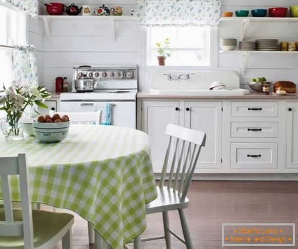 Cortinas de cocina de color blanco con una foto de patrón azul 2016