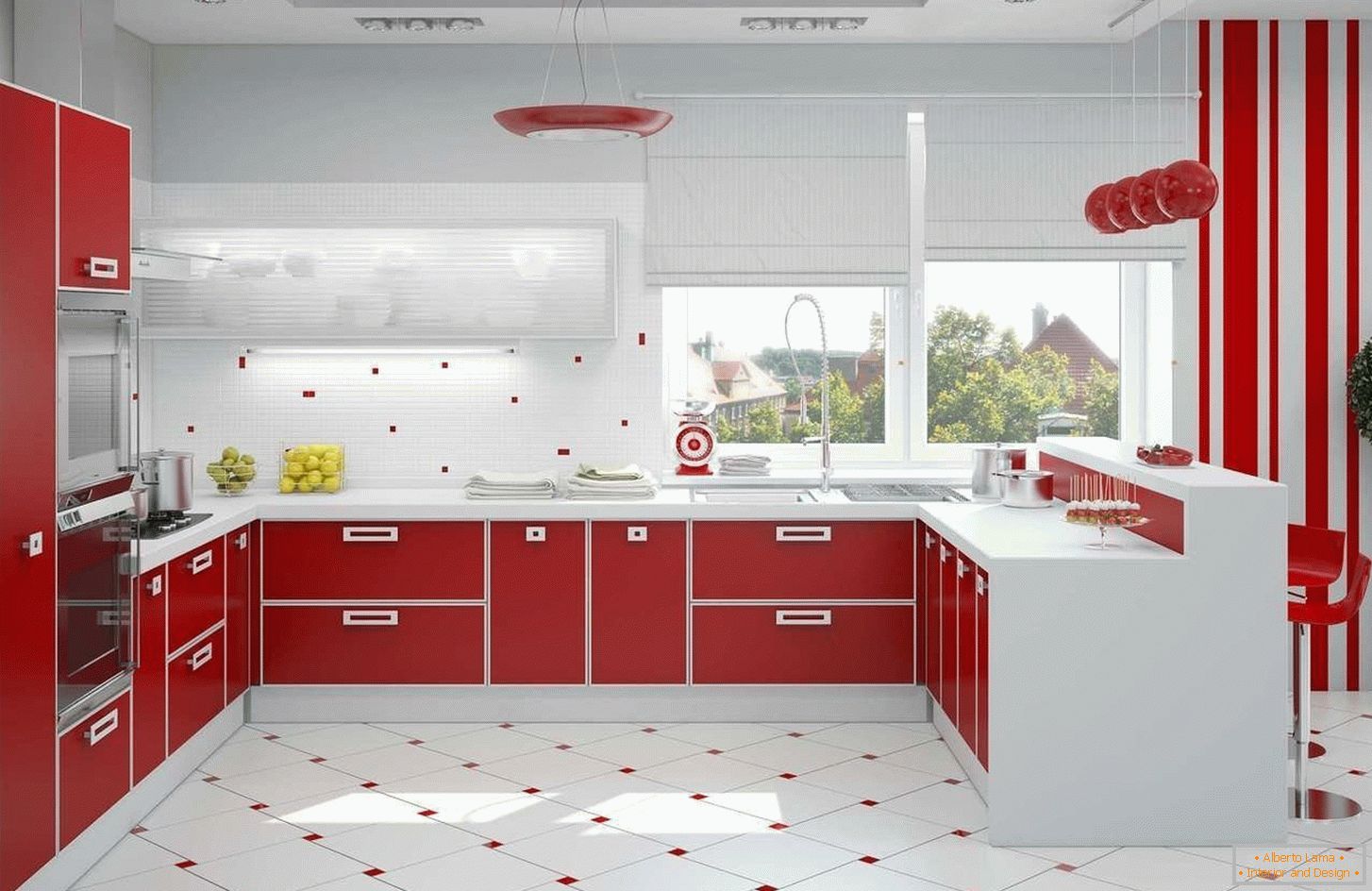 Interior de la cocina roja y blanca
