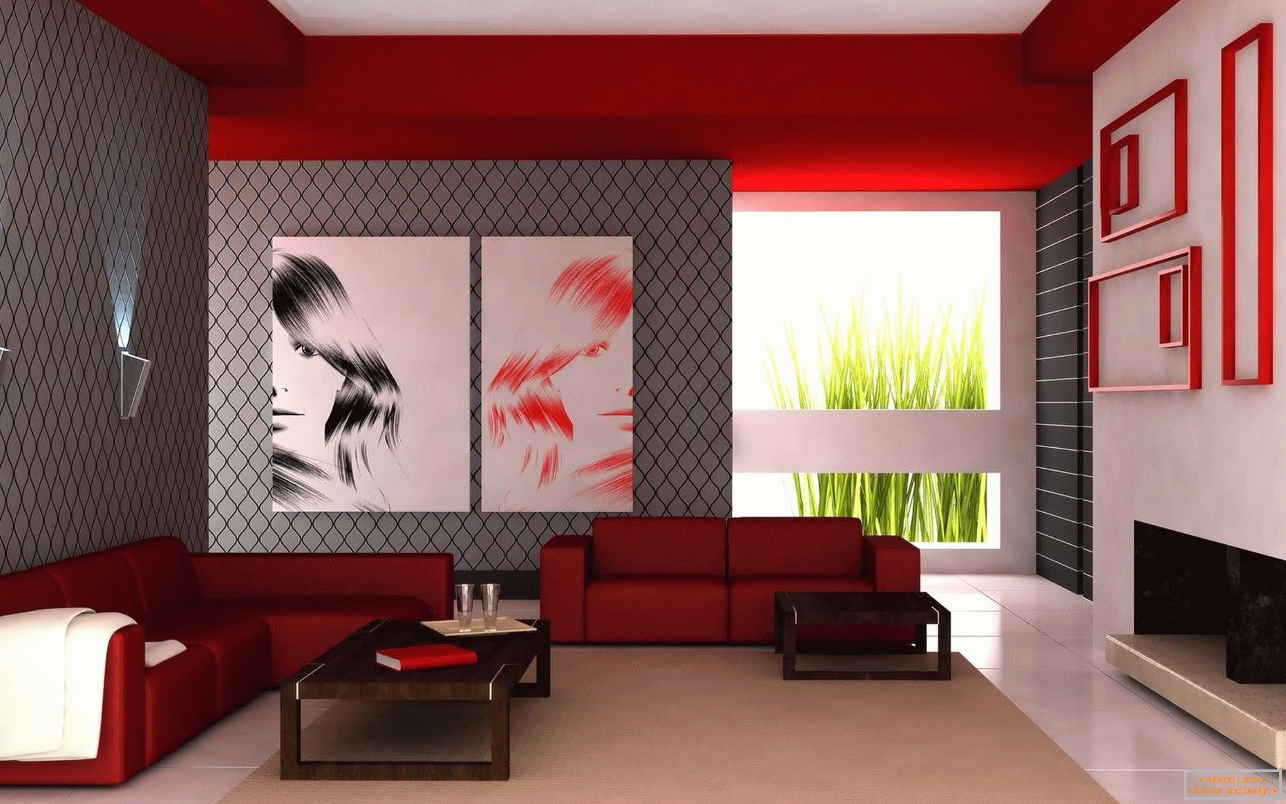 La combinación de colores blanco, rojo y gris en la sala de estar
