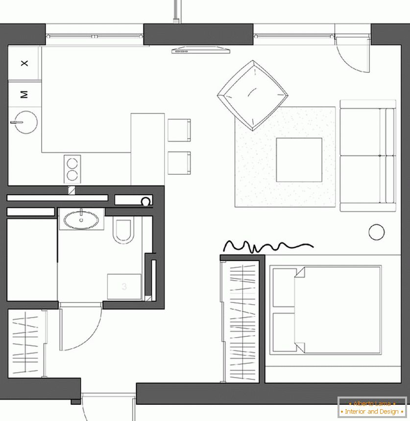 Interior único de un apartamento de una habitación para una pareja joven