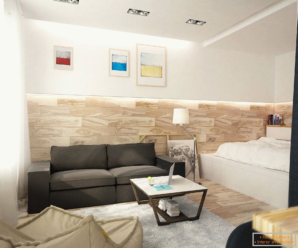 Interior único de un apartamento de una habitación para una pareja joven