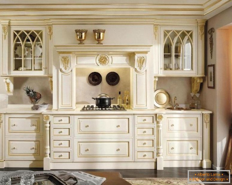 clásico-blanco-oro-madera-armario-para-cocina-diseño cortina-vidrio-ventana-esquina iluminación-arriba-estufa-como-bien-marrón-floral-alfombra-en-oscuro-piso de madera-jpg