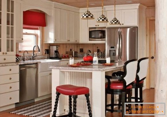 Interior de la cocina brillante en estilo rústico - fotos en colores blanco y negro y rojo