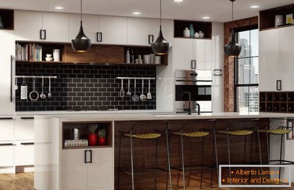 Cocinas en estilo loft - foto con azulejos en las paredes