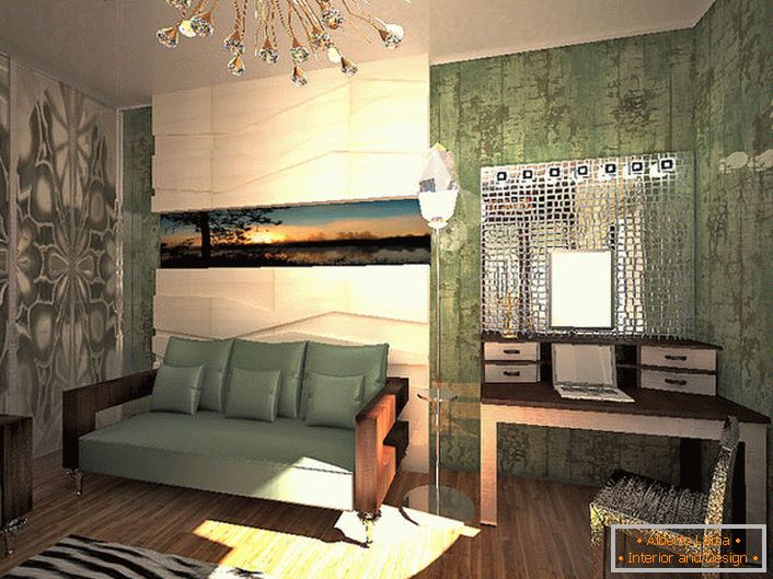 El brillo dorado en combinación con los elementos de cristal ofrece una excelente opción de iluminación para la sala de estar en el estilo de alta tecnología. 