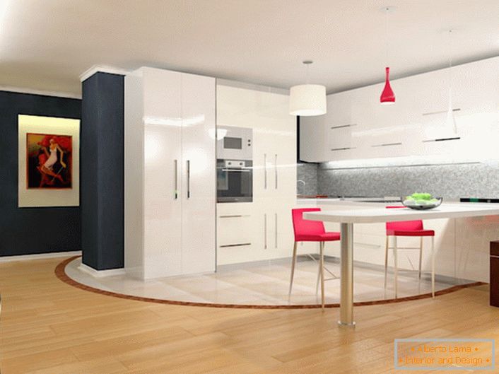 Una espaciosa cocina en el estilo del minimalismo con un conjunto de cocina lacónico. Simplicidad, practicidad y funcionalidad están entretejidas en un solo concepto de estilo.