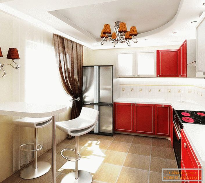 Proyecto de diseño para la cocina en un apartamento común en Moscú. Contraste combinación de colores, mobiliario funcional, no cargados de muebles, iluminación lacónica - índices de estilo impecable del propietario de la vivienda.