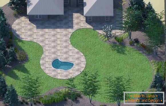 Planificación de un sitio de casa de campo con una piscina y una terraza