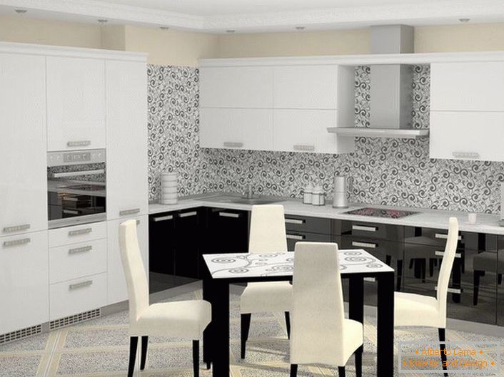 Una cocina en blanco y negro en un estilo de alta tecnología con electrodomésticos integrados se ve orgánicamente en el concepto general de una idea de diseño. 