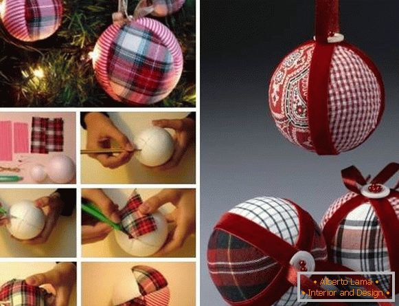 Elegante artículo hecho a mano - una bola de Navidad hecha de tela y cintas
