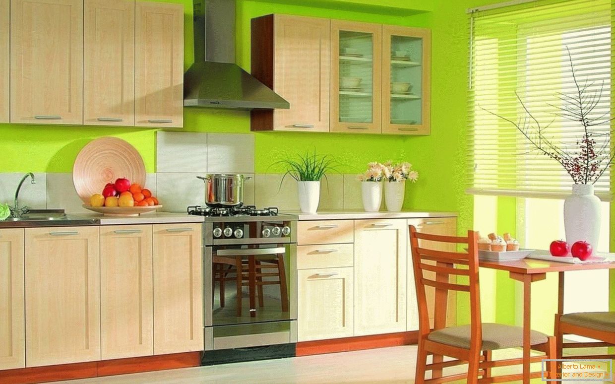 Diseño de cocina brillante con fondo verde