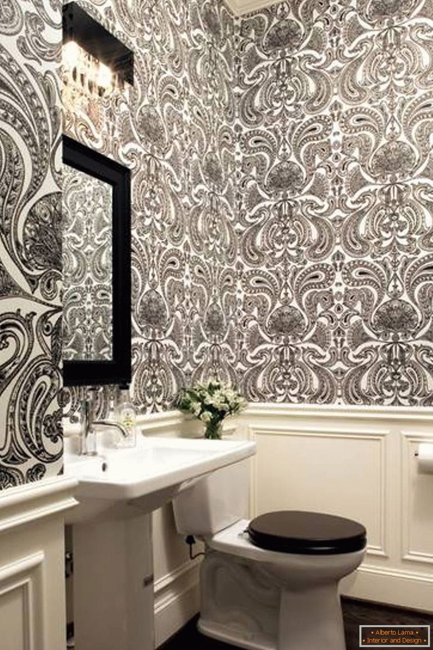 wainscoting-and-wallpaper-bathroom-bathroom-with-wallpaper-and-wainscoting-and-pedestal-sink-and-mirror-and-cushded-black-elongated-toilet-seat