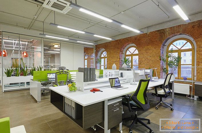Para diseñar una oficina en estilo loft, se usa mucha vegetación viva, lo que hace que la habitación sea acogedora y ajusta a los empleados a un ambiente de trabajo. 