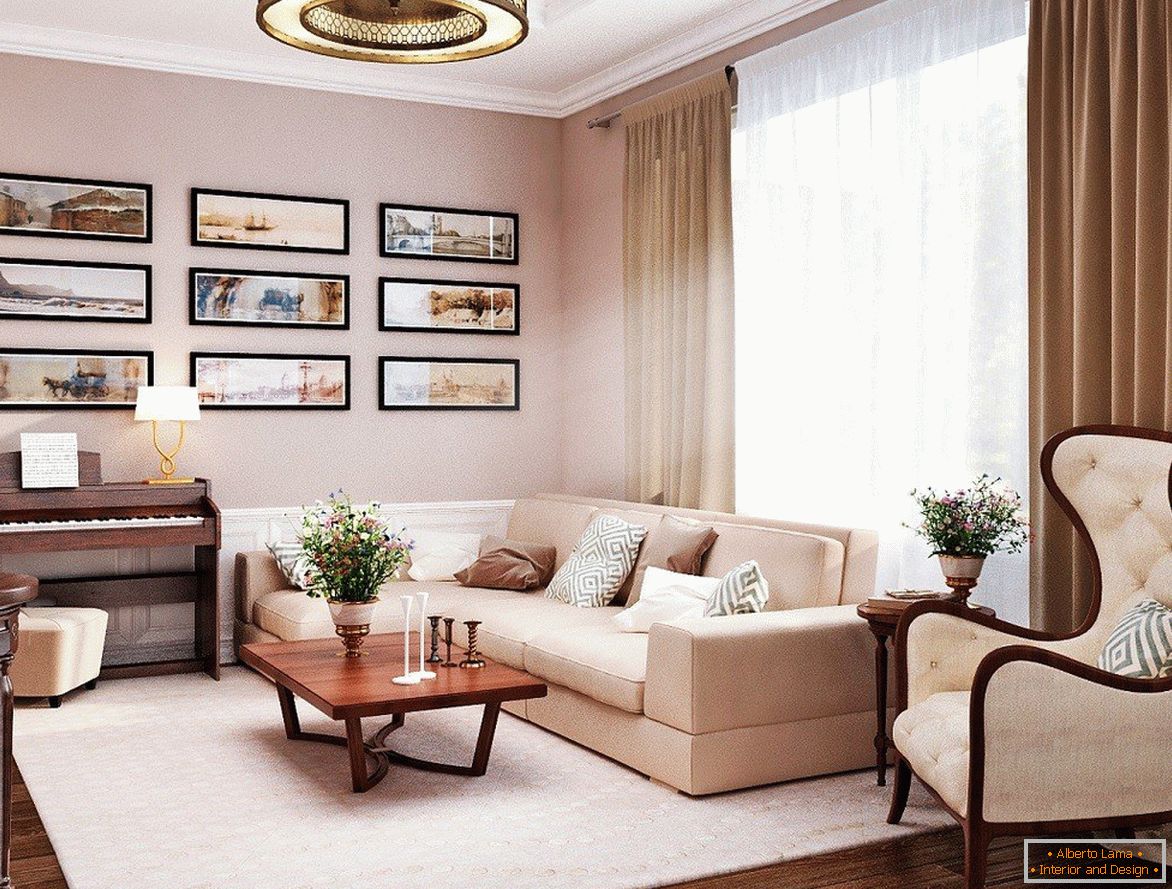 Interior clásico de la sala de estar en tonos beige