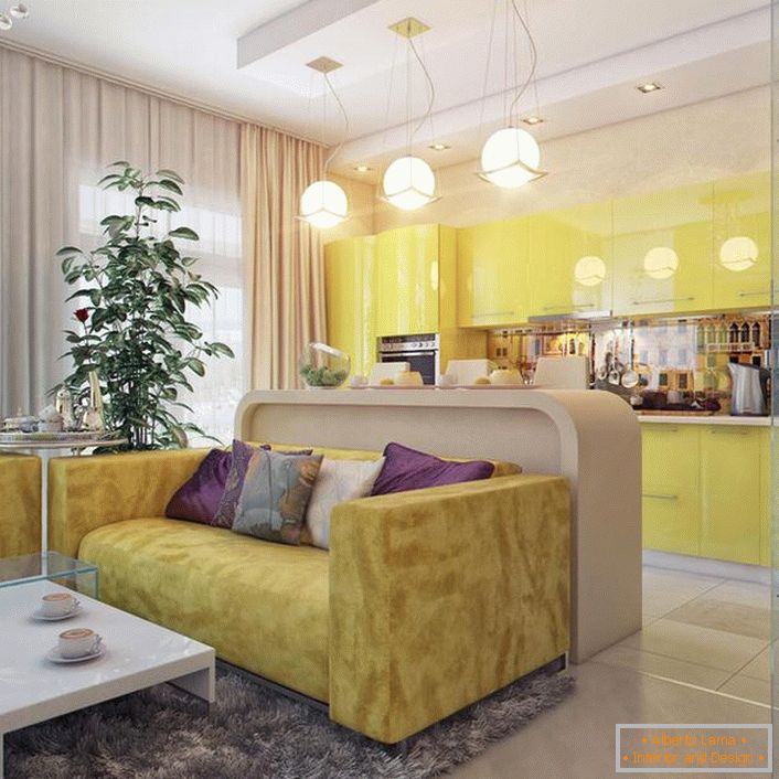 Kitchen-living room es una solución excelente y funcional para el diseño de un apartamento ubicado en una metrópolis moderna. 