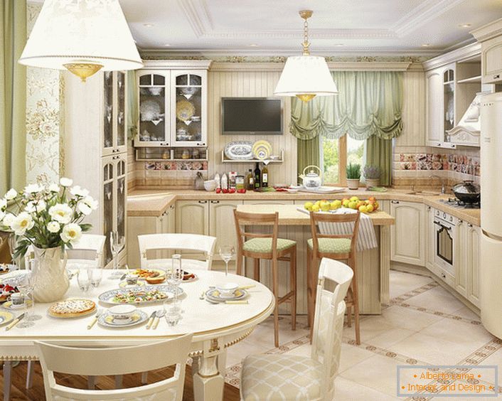 La cocina, organizada en el estilo del país, se combina con la sala de estar. La disposición correcta de la luz y los acentos decorativos hacen que la habitación sea atractiva y refinada.