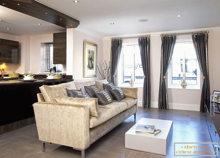La sala de estar-cocina interior restringida se selecciona de acuerdo con los requisitos para el diseño de un apartamento pequeño. 