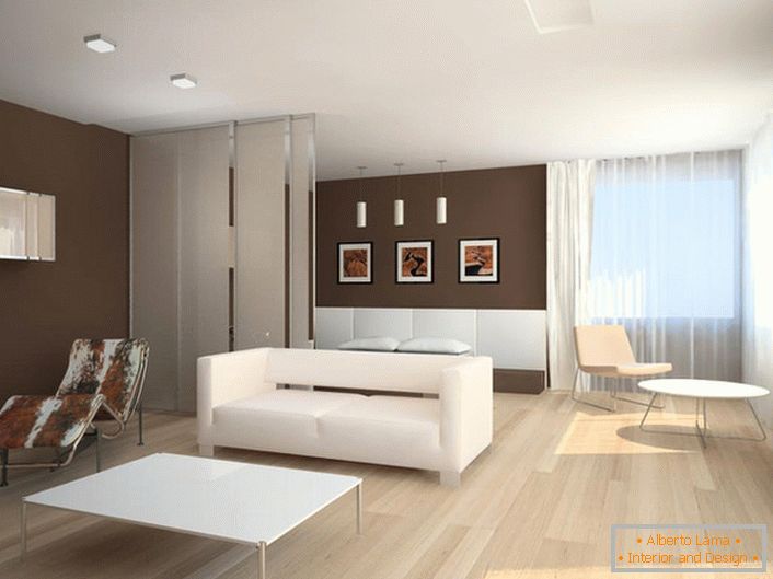 Un mínimo de muebles y elementos decorativos aumenta visualmente la sala de estar. 