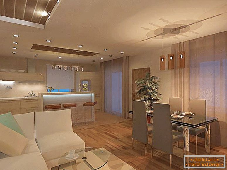 La sala de estar minimalista se combina con la cocina. Para el estilo minimalista, el uso de lámparas de techo no es típico, la mejor opción es el punto de iluminación LED.