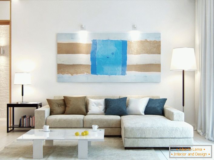 Una imagen grande sin marco: una excelente opción para decorar el interior en el estilo del minimalismo escandinavo.