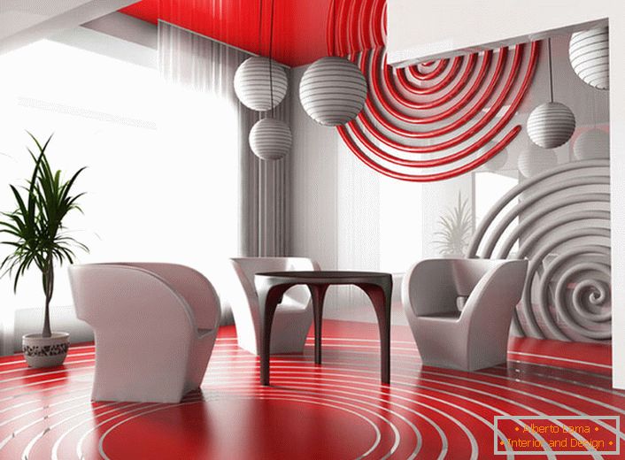 Área de comedor en estilo vanguardista. La combinación de un color rojo brillante con un gris neutro parece rentable.