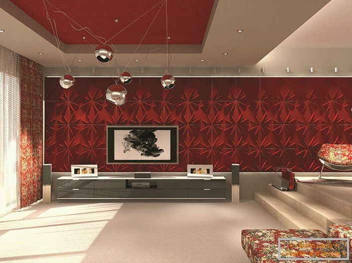 Una espaciosa habitación de invitados de estilo vanguardista. La atención se ve atraída por la iluminación correctamente seleccionada. 