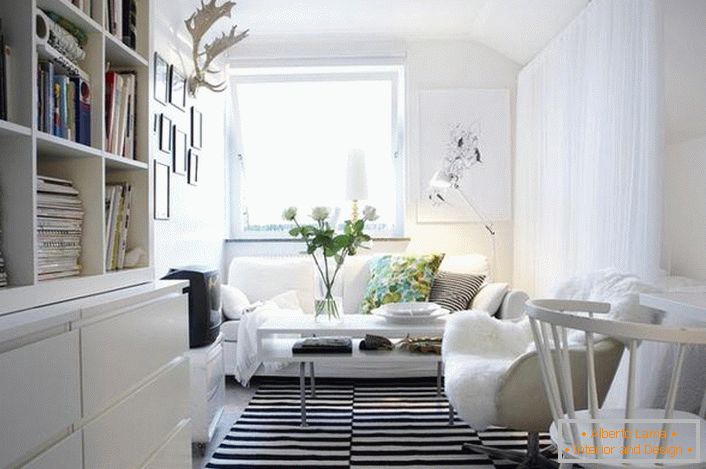 La combinación clásica de blanco y negro se ve rentable en el interior en el estilo escandinavo. El mobiliario blanco hace que la sala de estar sea luminosa y acogedora.