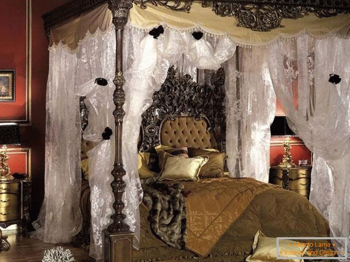 Diseño adecuado del dormitorio barroco en colores oscuros.