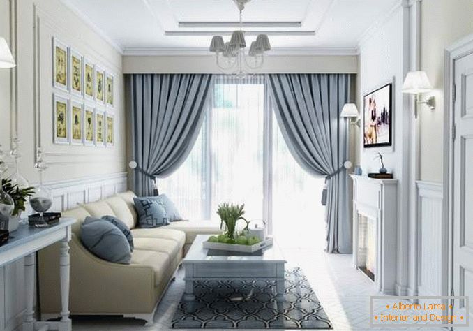 Diseño de la sala de estar con ventanas panorámicas y hermosas cortinas