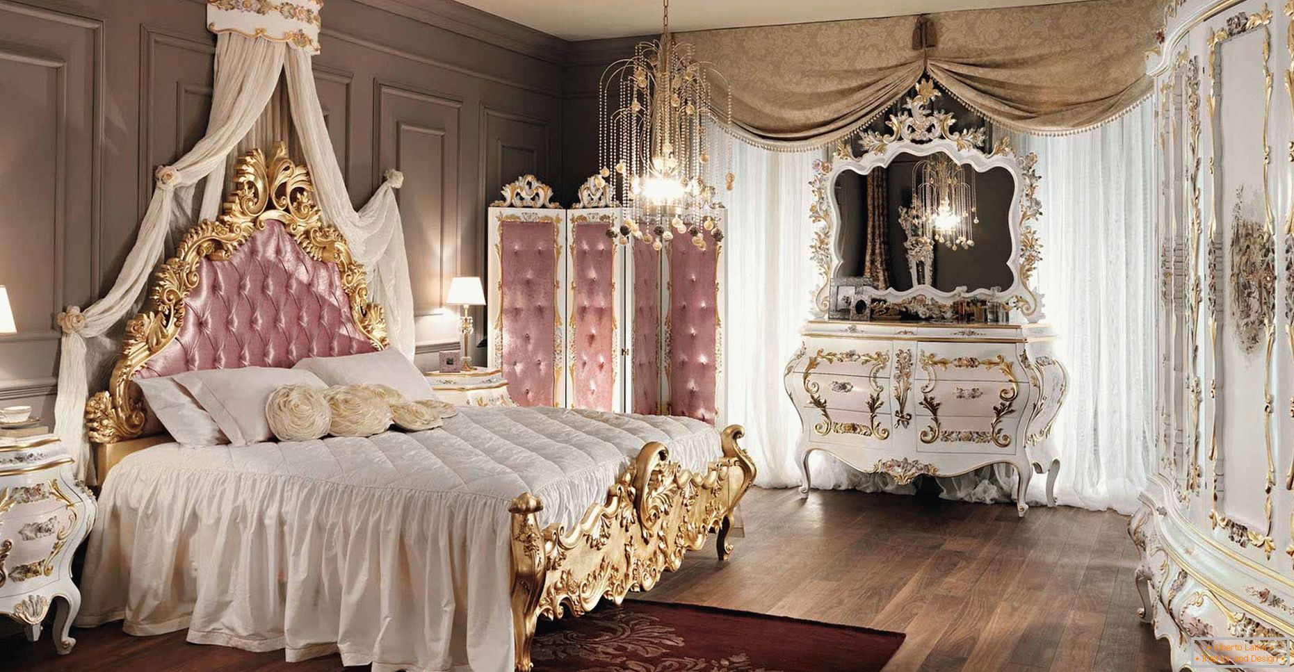 Dormitorio pomposo y majestuoso para una joven dama.
