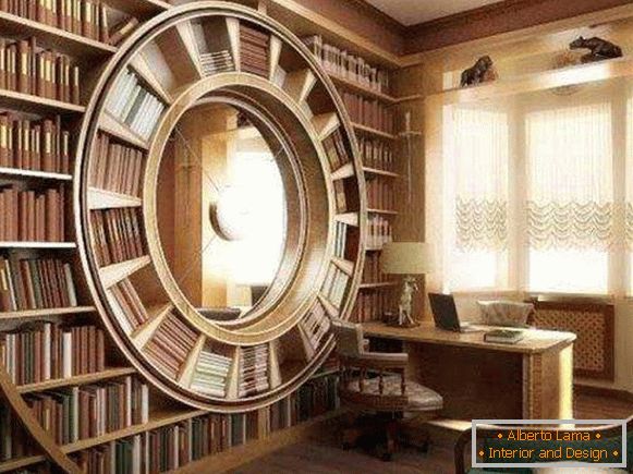 Estantes de libros en una pared de madera