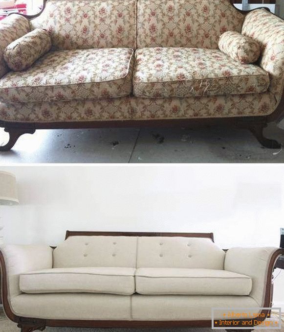Restauración de muebles tapizados - sofá foto antes y después