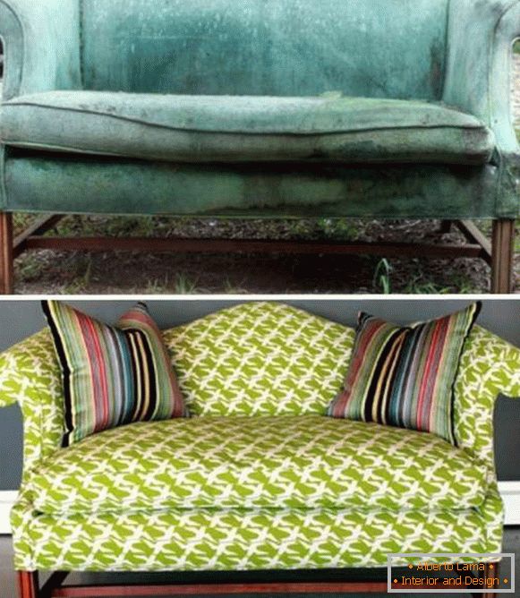 Estirar muebles tapizados - Foto de sofá antes y después del reemplazo de tapicería