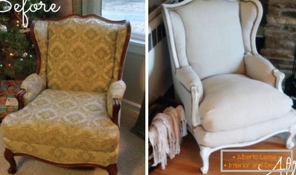 Restauración de muebles tapizados - foto del sillón antes y después de la reparación