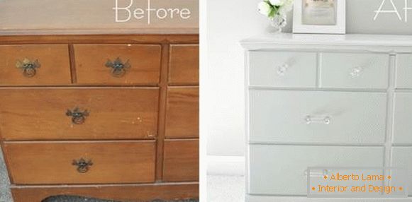 Muebles viejos antes y después de la restauración del tocador