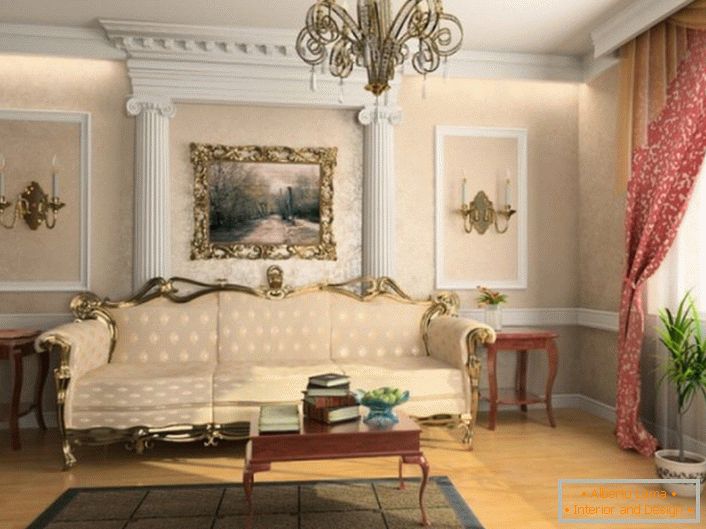 De acuerdo con los requisitos del estilo francés, la habitación de invitados está decorada con molduras de estuco.