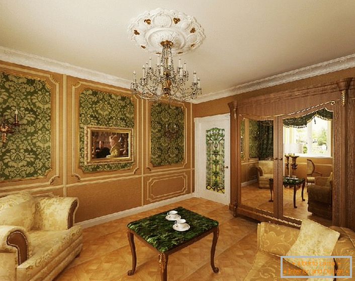 El noble color verde en combinación con el oro amarillo se ve rentable en una habitación de huéspedes en estilo amperio.