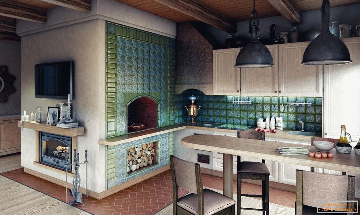 Estufa con azulejos en la cocina