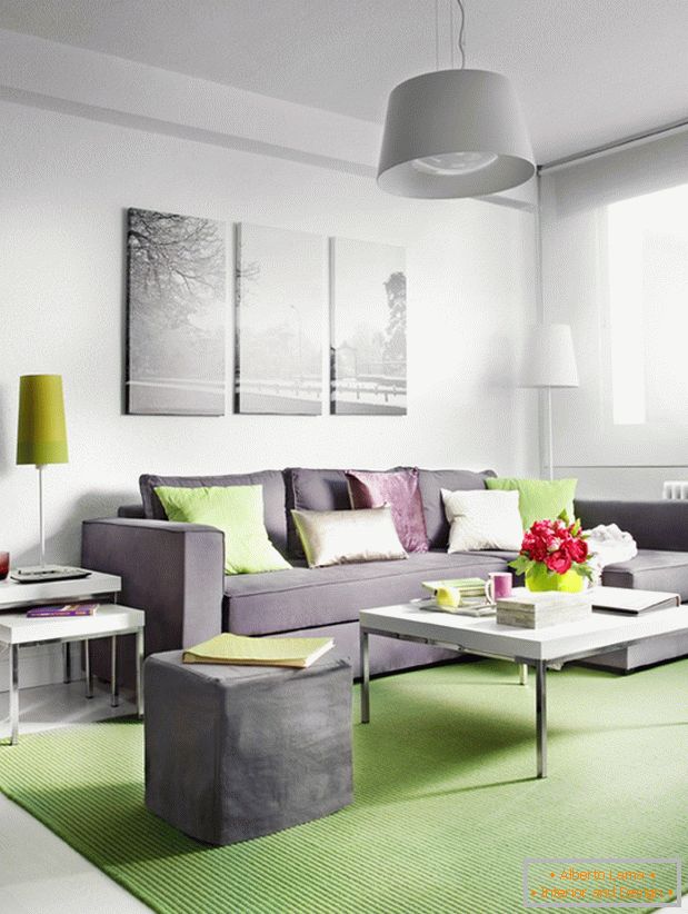 Cojines brillantes en muebles tapizados en gris