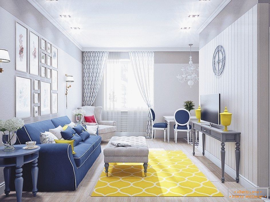 Sala gris con alfombra amarilla