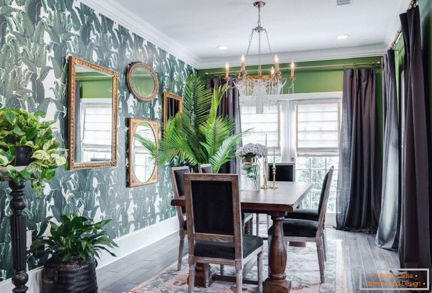 Paredes verdes y cortinas grises en la decoración de la habitación