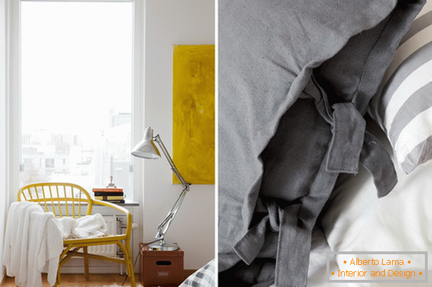 Amarillo y gris en la decoración del dormitorio