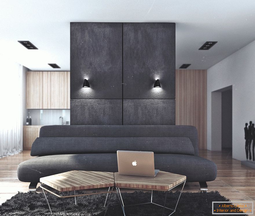La combinación de negro y madera en la sala de estar de un departamento para un soltero exitoso en Rusia