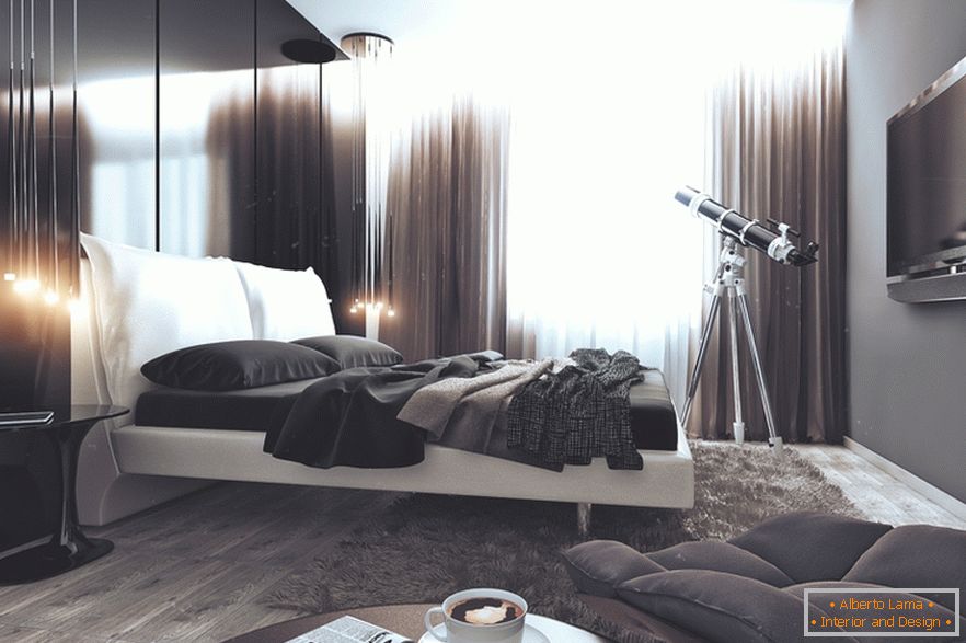 Dormitorio en blanco y negro en un departamento para un soltero exitoso en Rusia