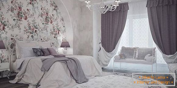 Cortinas lilas modernas en el dormitorio - foto en el interior
