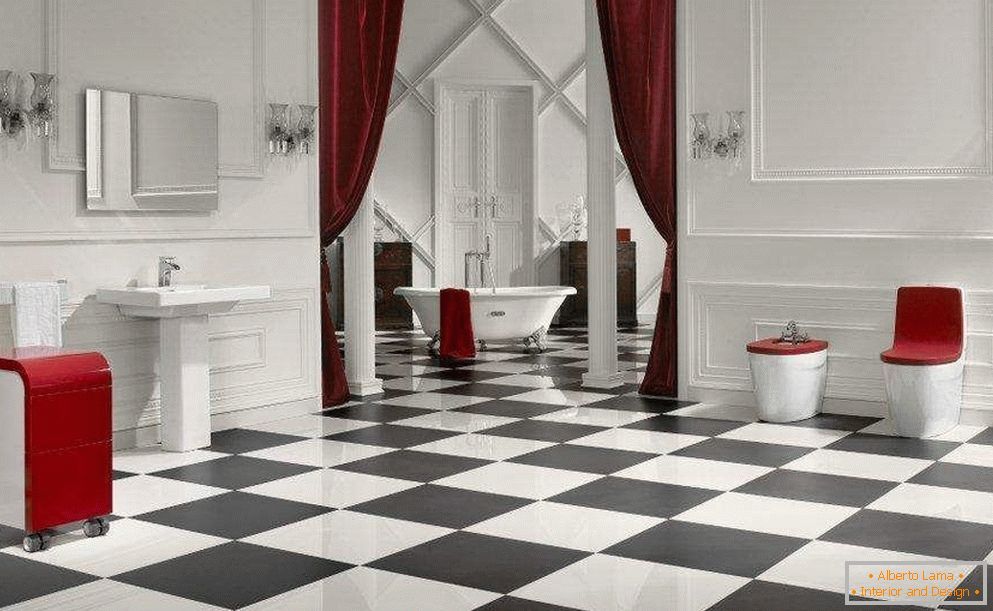 Interior del cuarto de baño con un piso de azulejo de damero